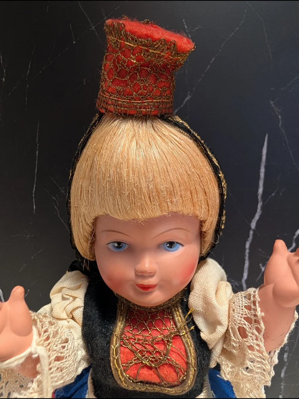 Vintage Austrian Trachen-Puppen Costume Doll with Blue, White & Red Outfit
